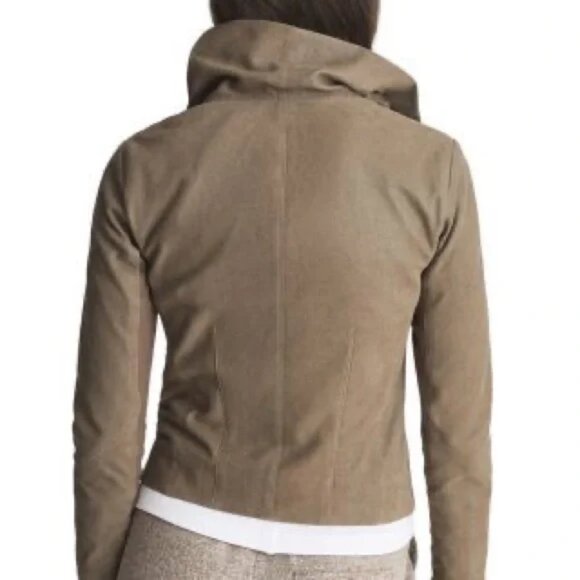 NWT REISS Rae Rib Sleeve Leather Jacket In Stone - Picture 2 of 12